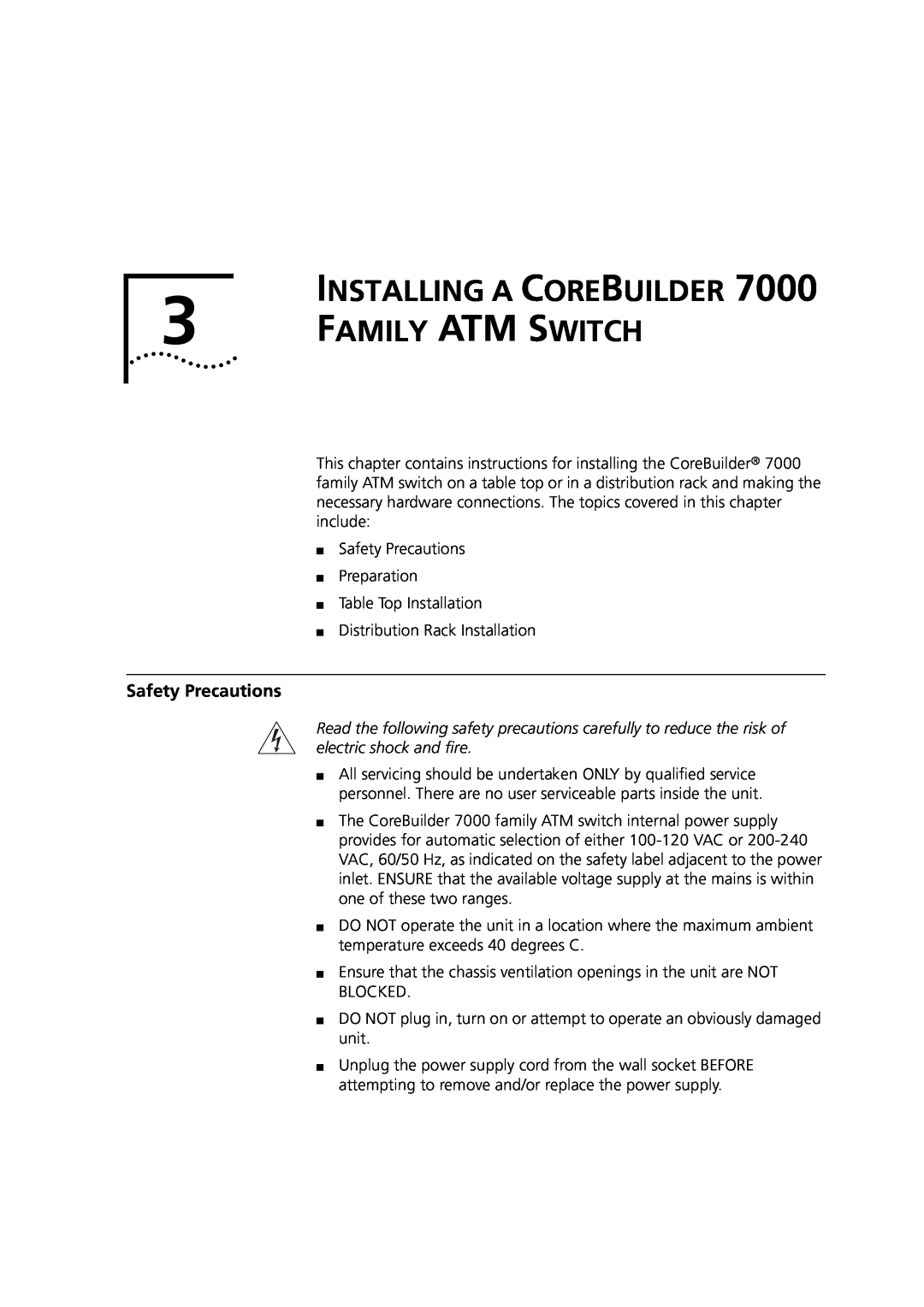 3Com 7000 manual Family Atm Switch, Safety Precautions, Installing A Core Builder 