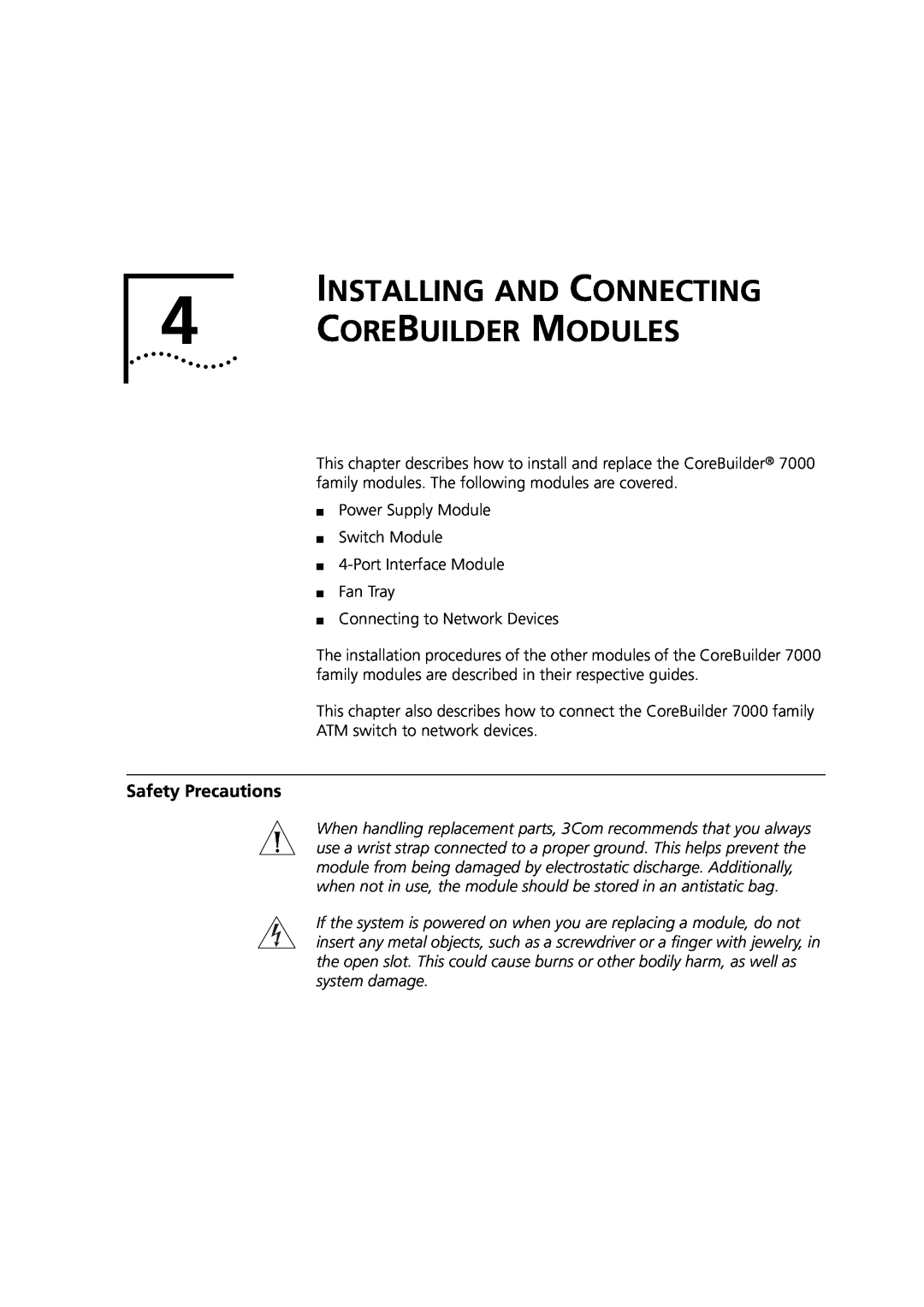 3Com 7000 manual Core Builder Modules, Installing And Connecting, Safety Precautions 