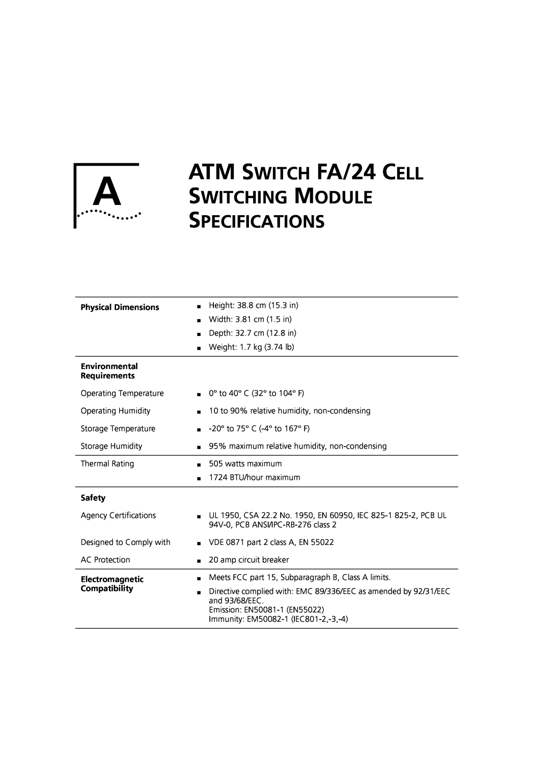 3Com 7000 manual A Switching Module Specifications, ATM SWITCH FA/24 CELL 