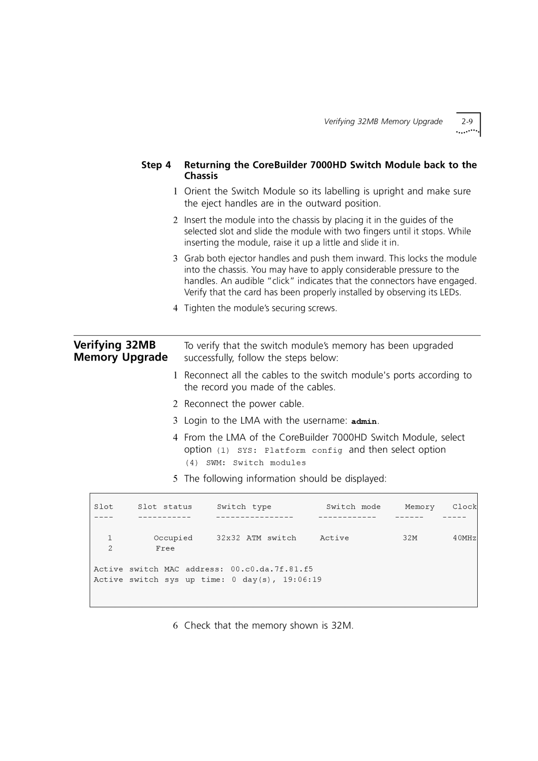 3Com 7000HD manual Verifying 32MB, Memory Upgrade 