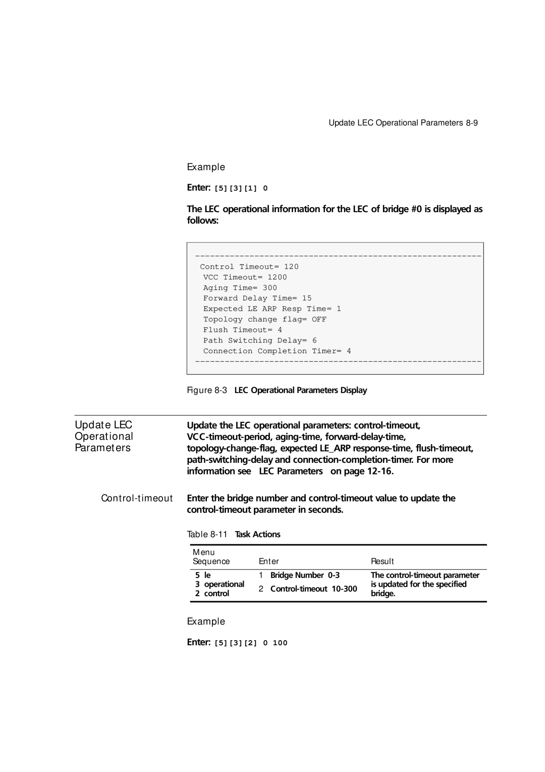 3Com 7600 manual Update LEC, Update the LEC operational parameters control-timeout, Information see LEC Parameters on 