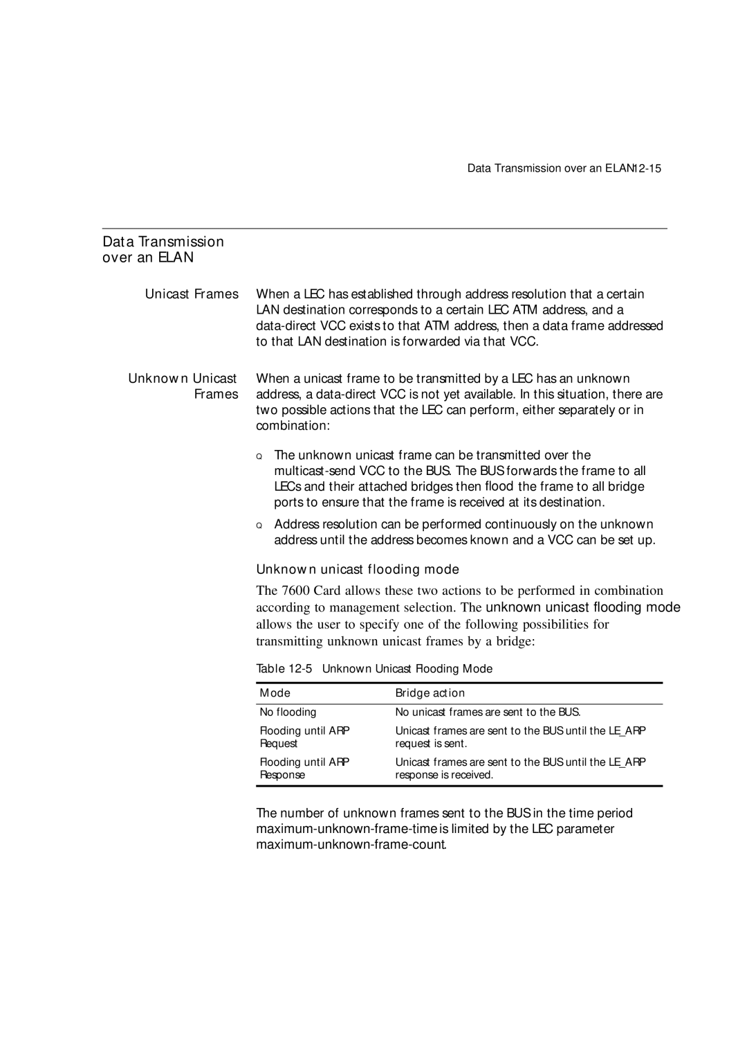 3Com 7600 manual Data Transmission over an Elan, Unknown unicast flooding mode, 5Unknown Unicast Flooding Mode 