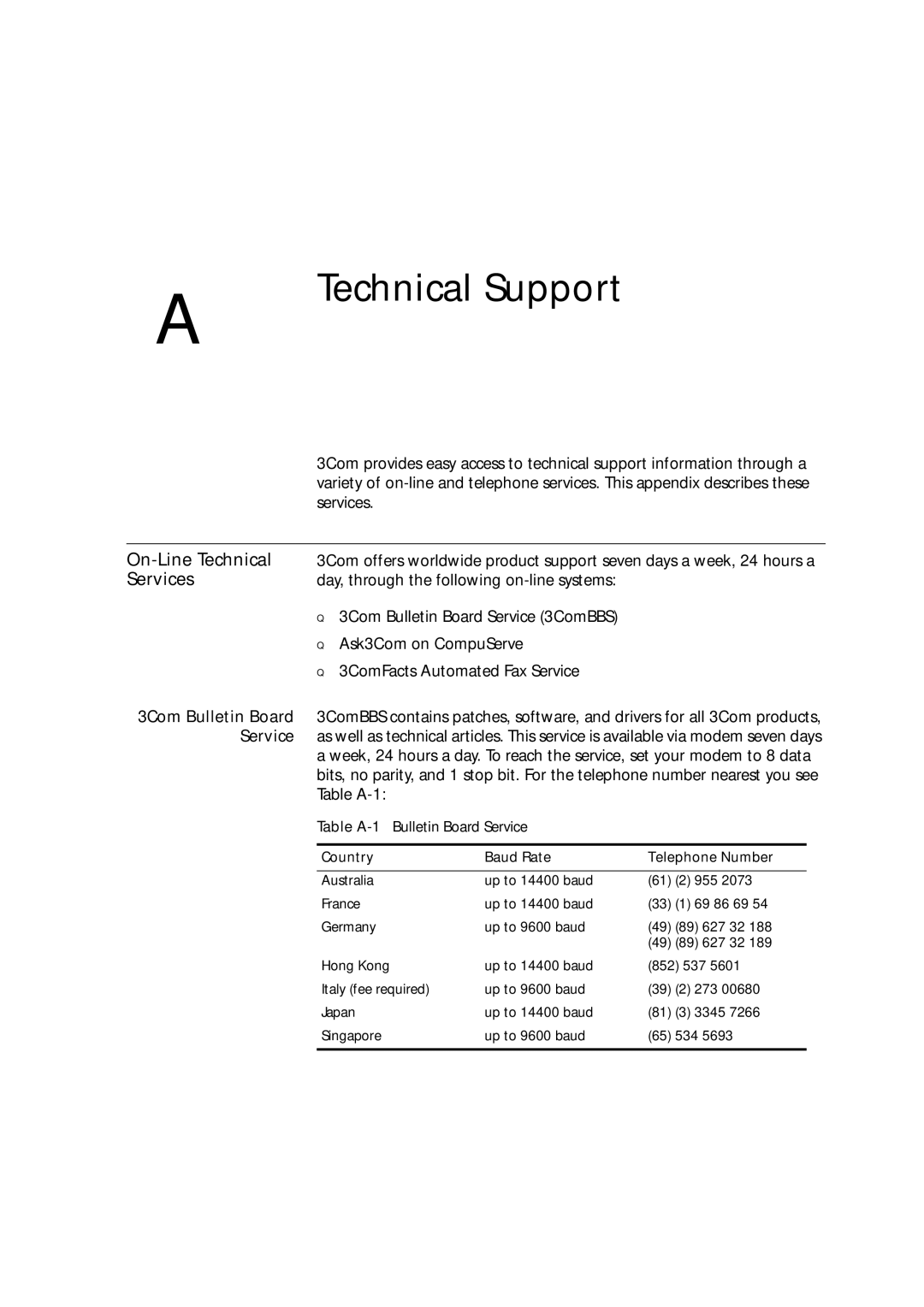 3Com 7600 manual On-Line Technical, Services, 3Com Bulletin Board, Table A-1 