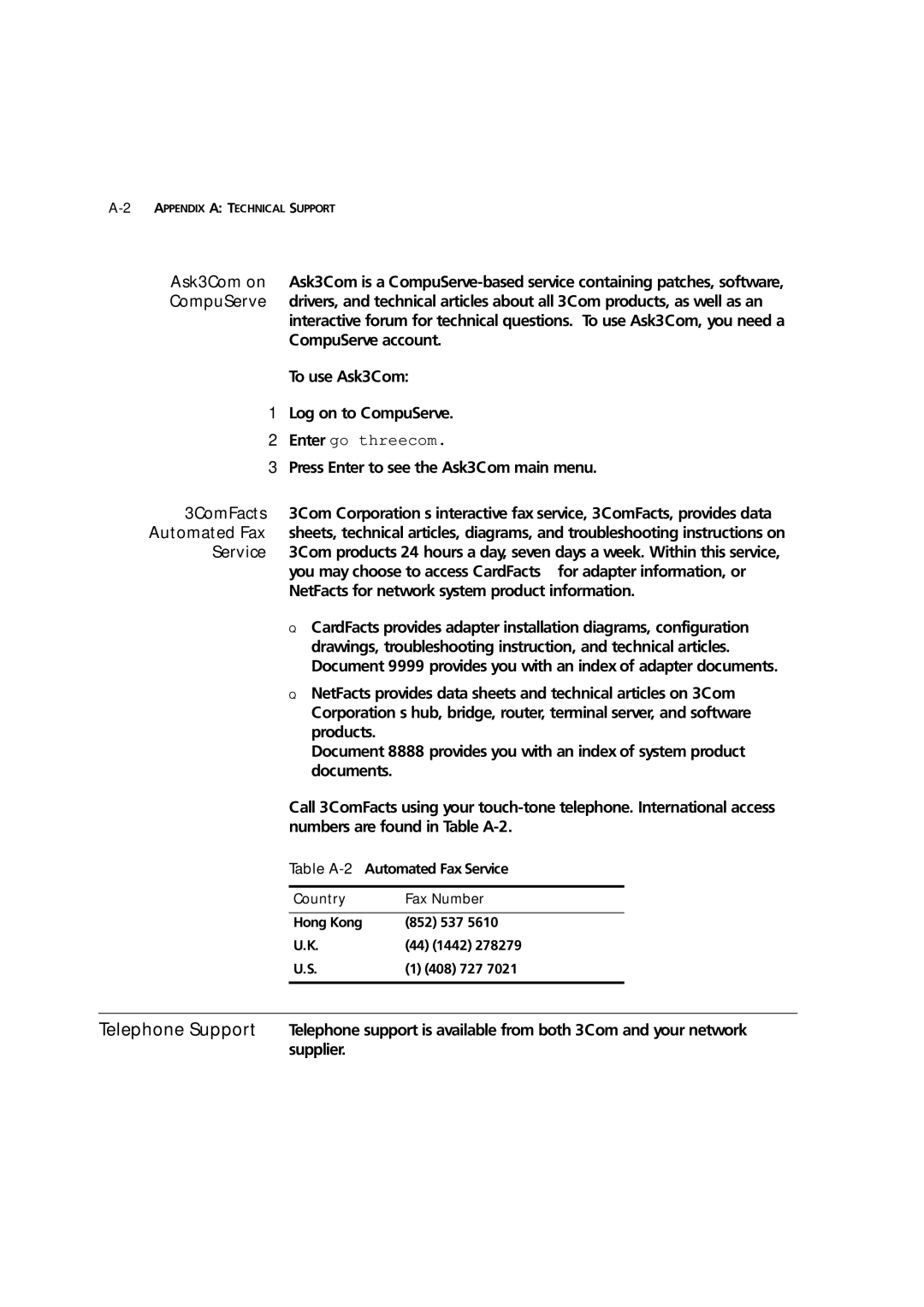 3Com 7600 manual Press Enter to see the Ask3Com main menu, Table A-2Automated Fax Service, Country Fax Number 