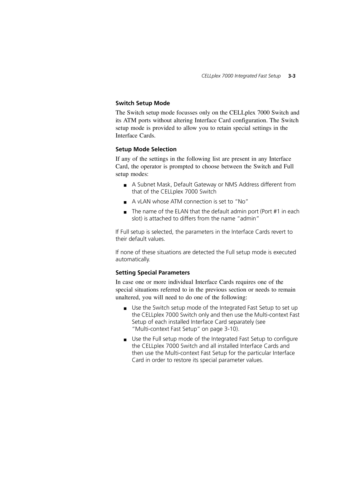 3Com 7600 manual Switch Setup Mode, Setup Mode Selection, Setting Special Parameters 