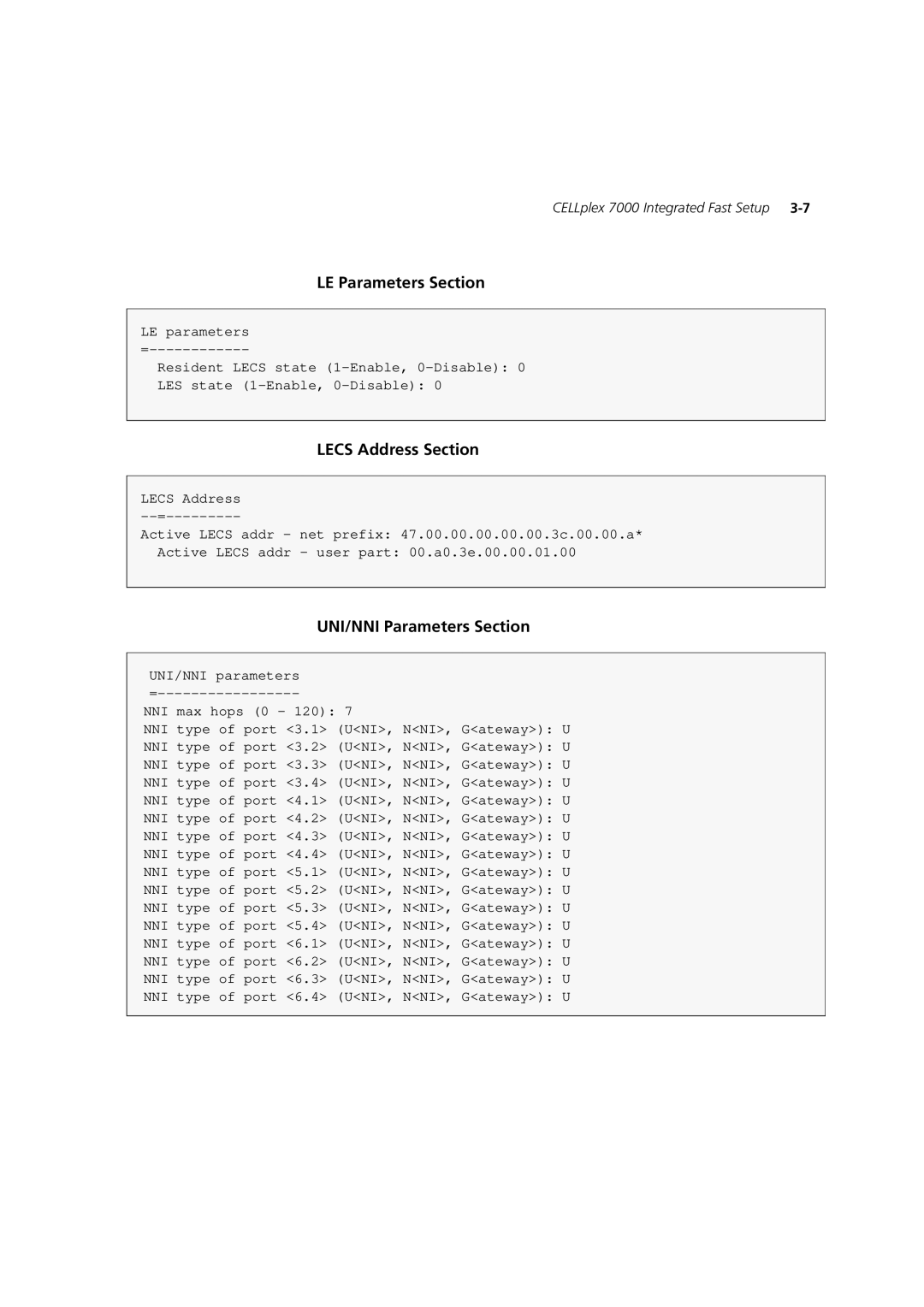 3Com 7600 manual LE Parameters Section, Lecs Address Section, UNI/NNI Parameters Section 