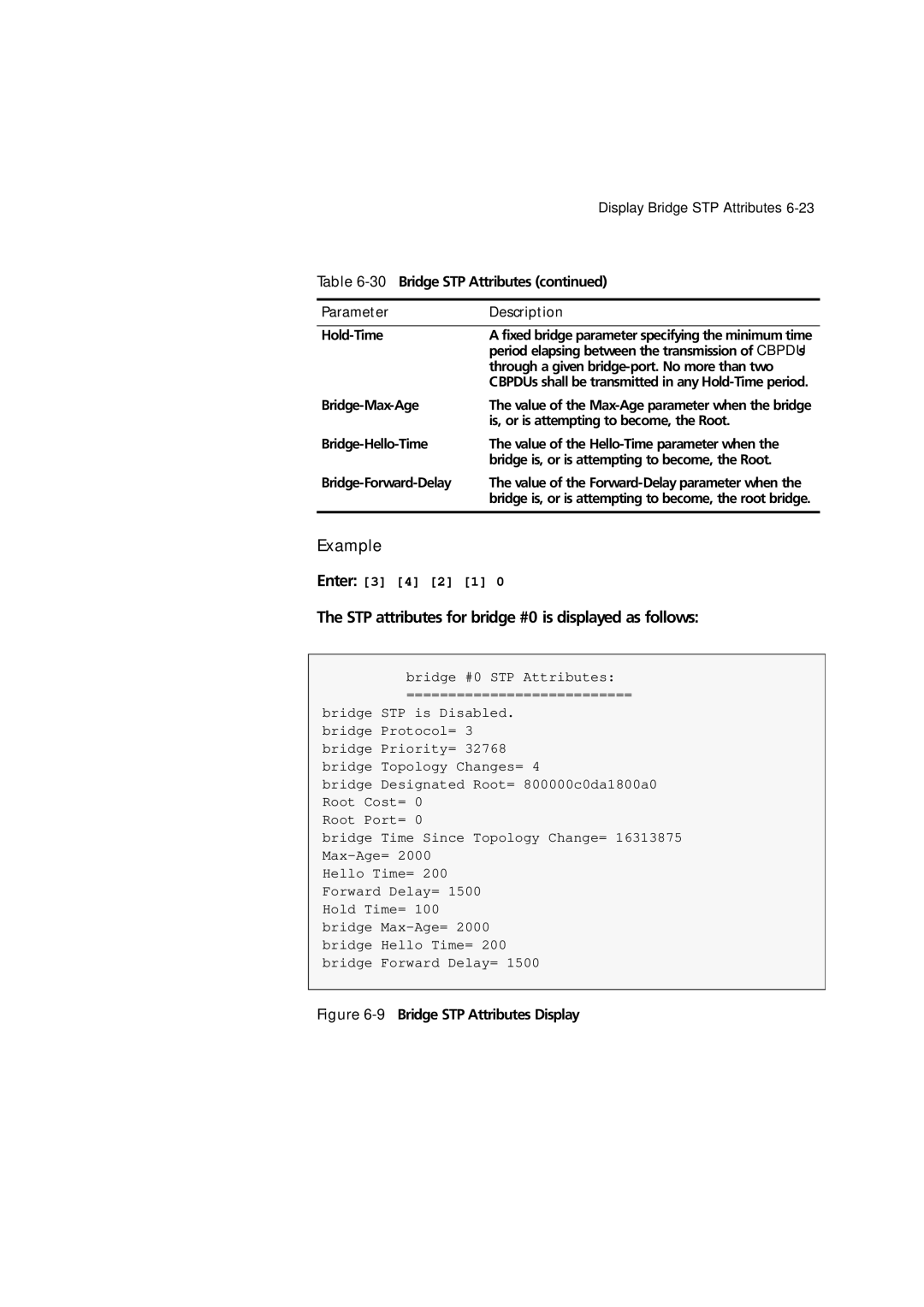 3Com 7600 manual STP attributes for bridge #0 is displayed as follows, 9Bridge STP Attributes Display 