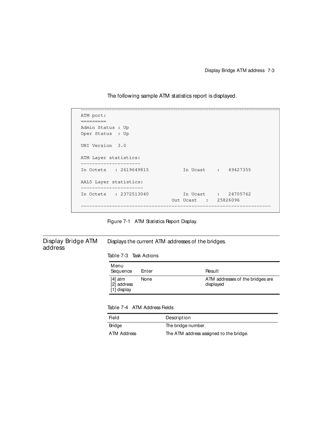 3Com 7600 manual Following sample ATM statistics report is displayed, 4ATM Address Fields, Field Description 