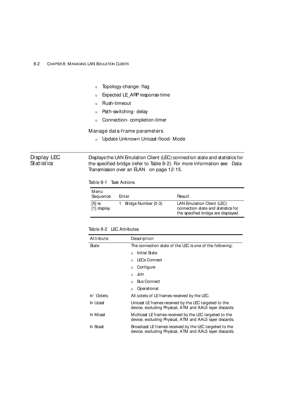 3Com 7600 Display LEC, Manage data-frame parameters, Update Unknown Unicast-flood- Mode, Transmission over an Elan on 