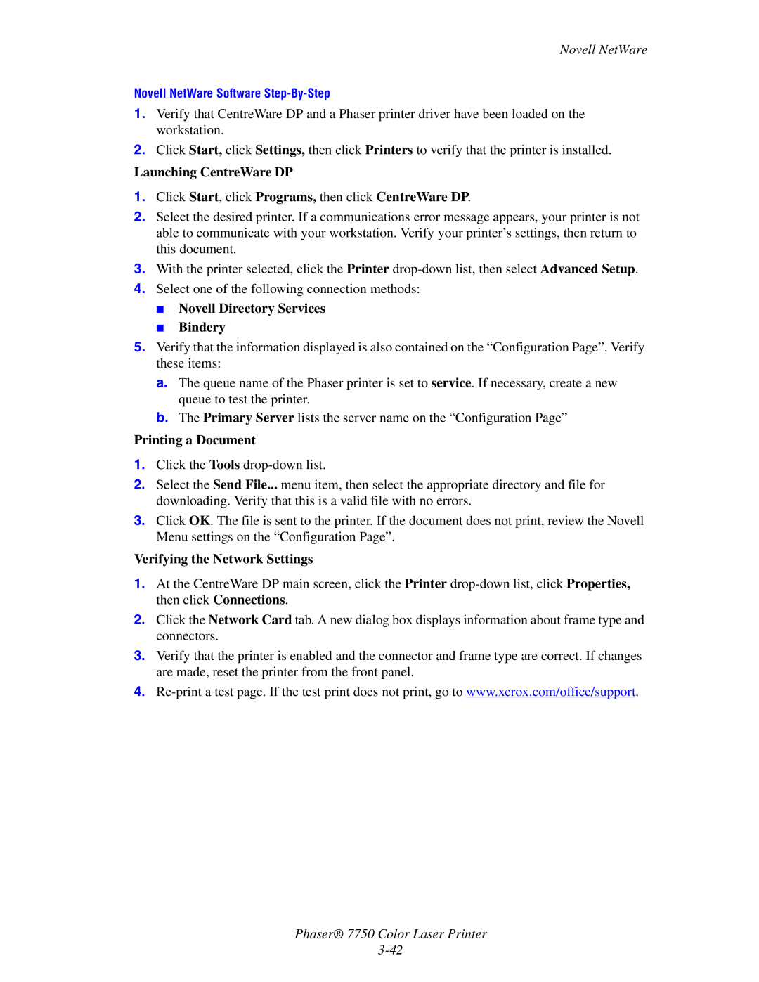 3Com 7750 manual Novell Directory Services Bindery, Printing a Document, Verifying the Network Settings 