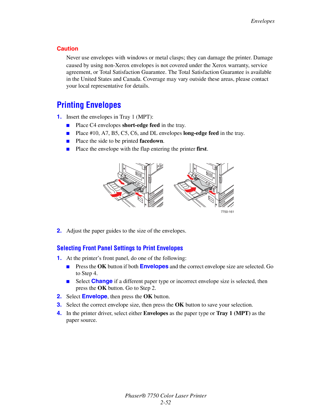 3Com 7750 manual Printing Envelopes, Selecting Front Panel Settings to Print Envelopes 