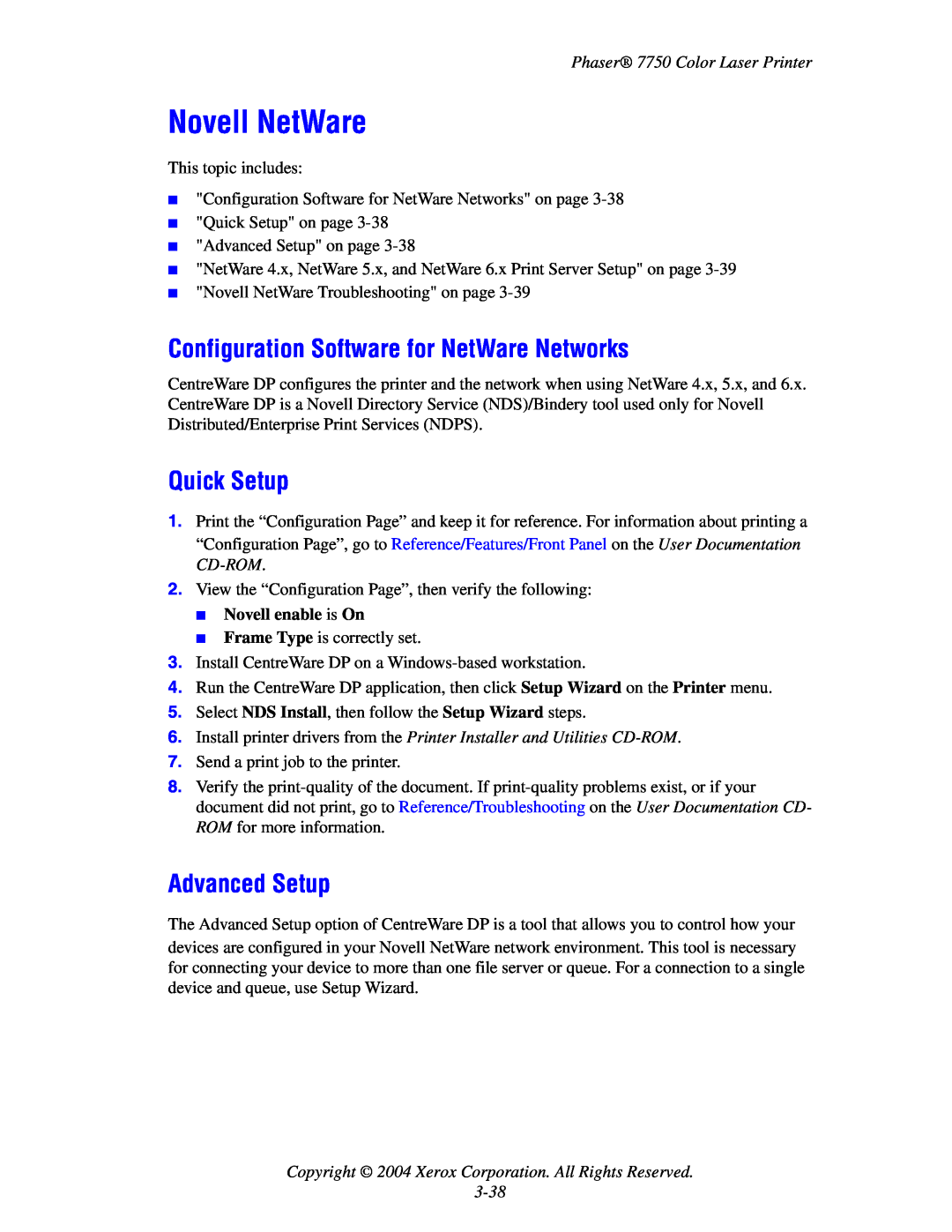 3Com 7750 manual Configuration Software for NetWare Networks, Quick Setup, Advanced Setup, Novell NetWare, 3-38 