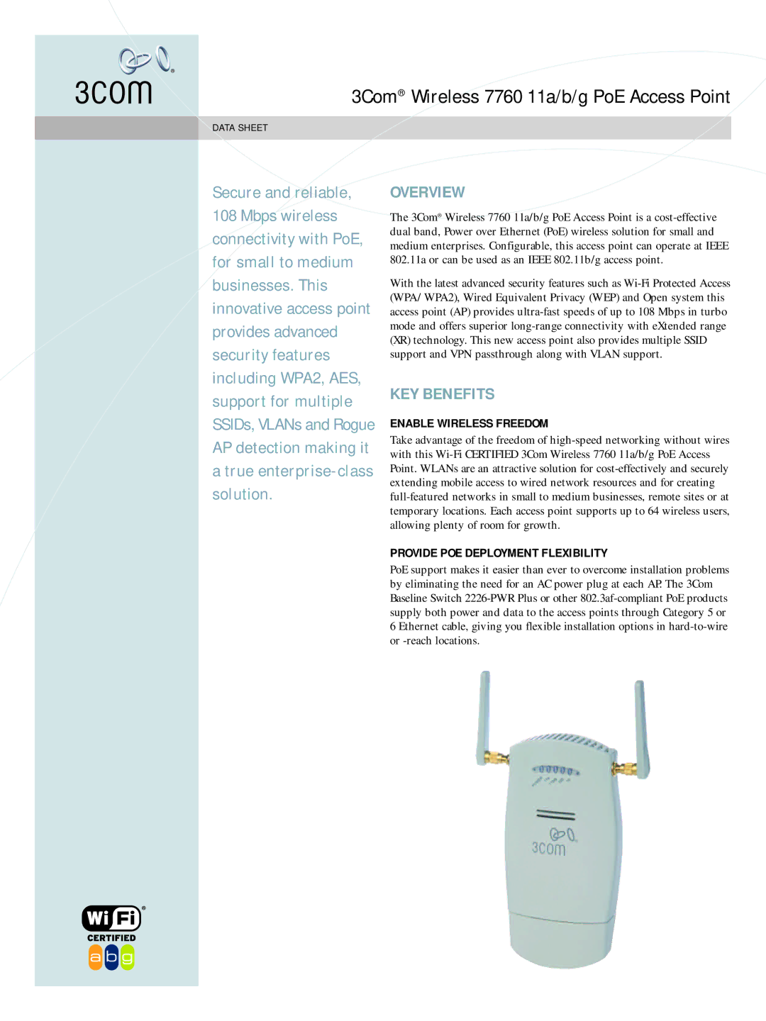 3Com 7760 manual Overview, KEY Benefits, Enable Wireless Freedom, Provide POE Deployment Flexibility 