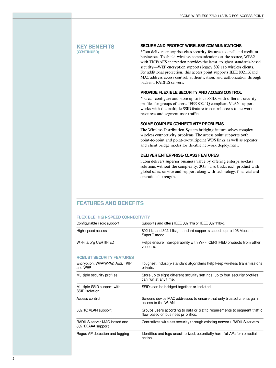 3Com 7760 manual Features and Benefits, Flexible HIGH-SPEED Connectivity, Robust Security Features 