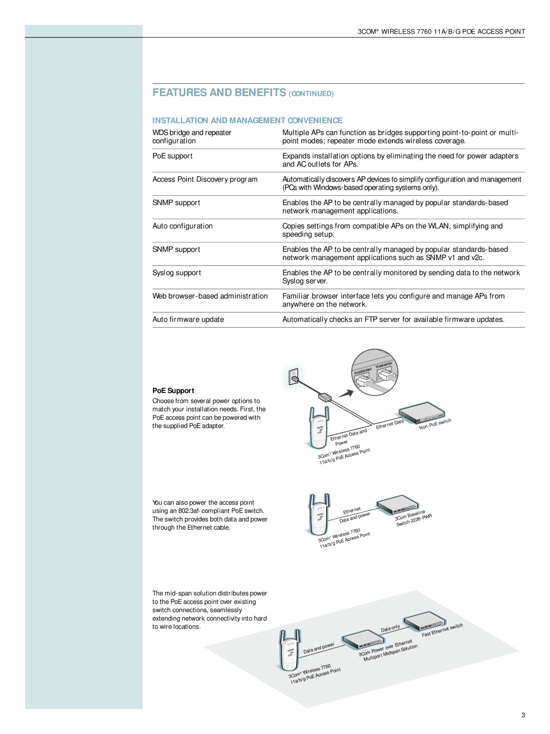 3Com 7760 manual Installation and Management Convenience, PoE Support 