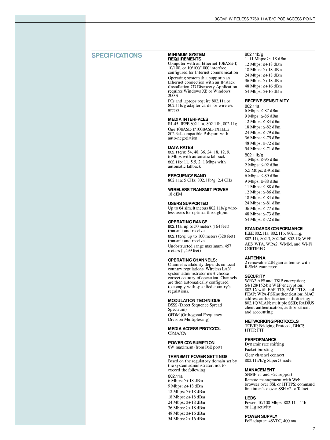 3Com 7760 manual Specifications 