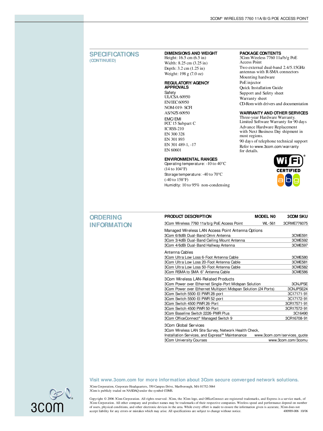 3Com 7760 manual REGULATORY/AGENCY Approvals, Environmental Ranges, Package Contents, Product Description, 3COM SKU 