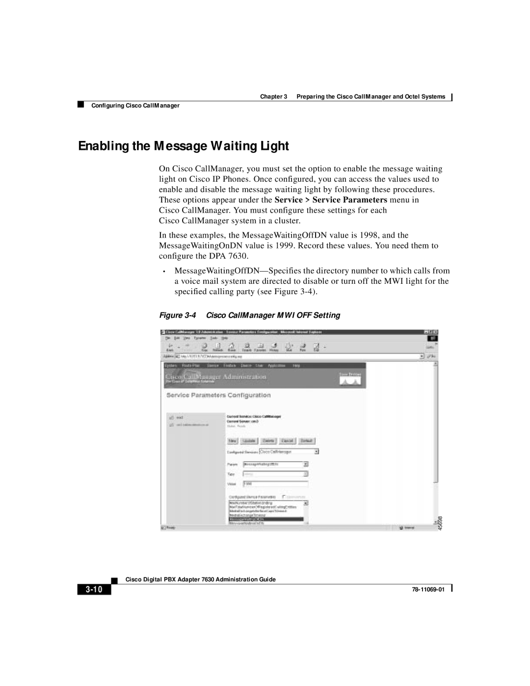 3Com 78-11069-01 manual Enabling the Message Waiting Light, Cisco CallManager MWI OFF Setting 