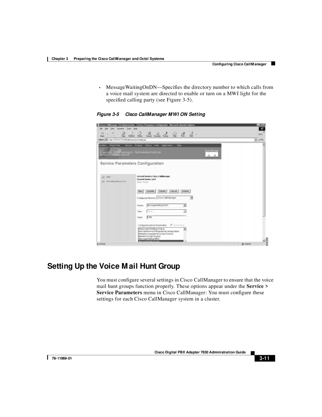 3Com 78-11069-01 manual Setting Up the Voice Mail Hunt Group, Cisco CallManager MWI on Setting 