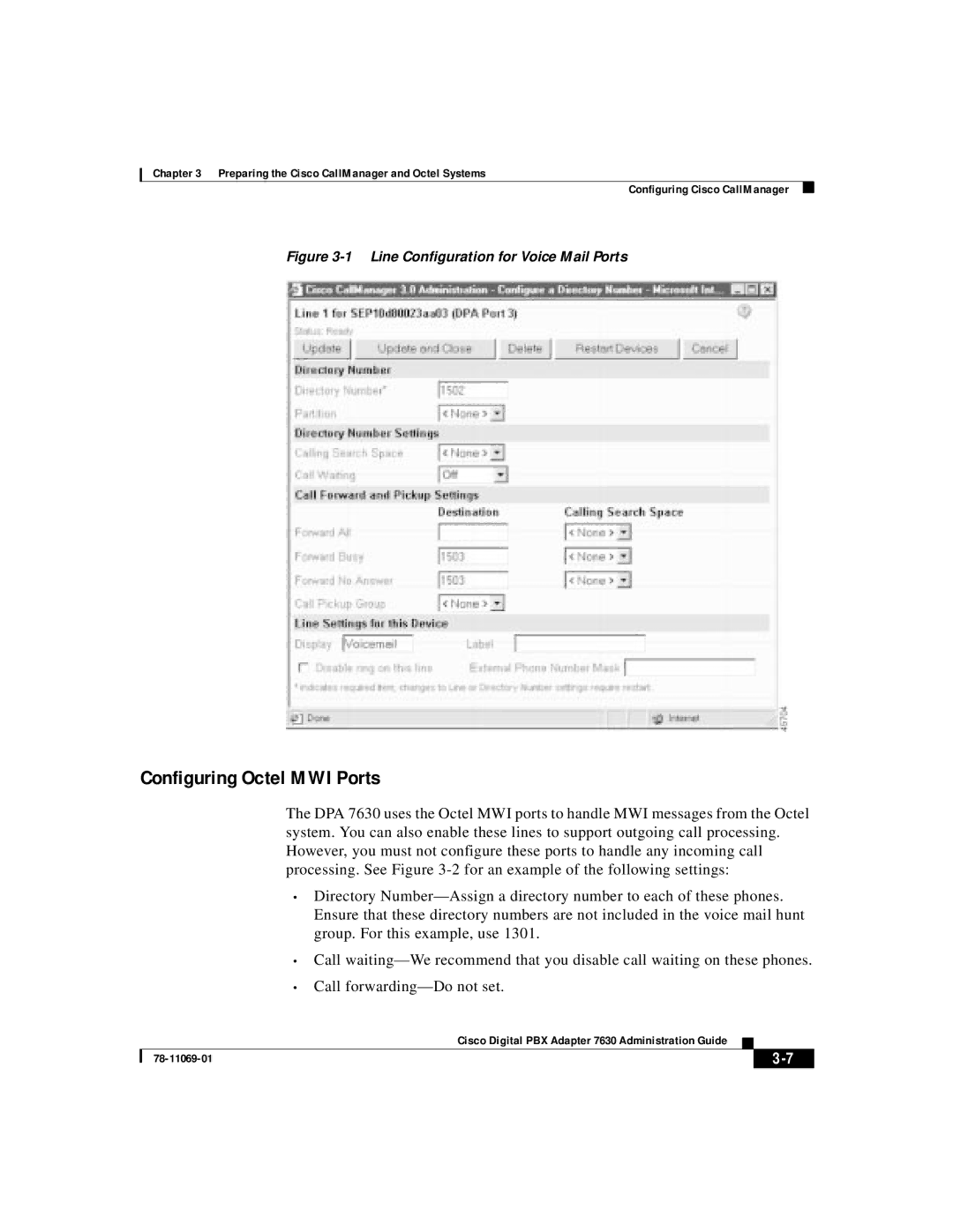 3Com 78-11069-01 manual Configuring Octel MWI Ports, Line Conﬁguration for Voice Mail Ports 