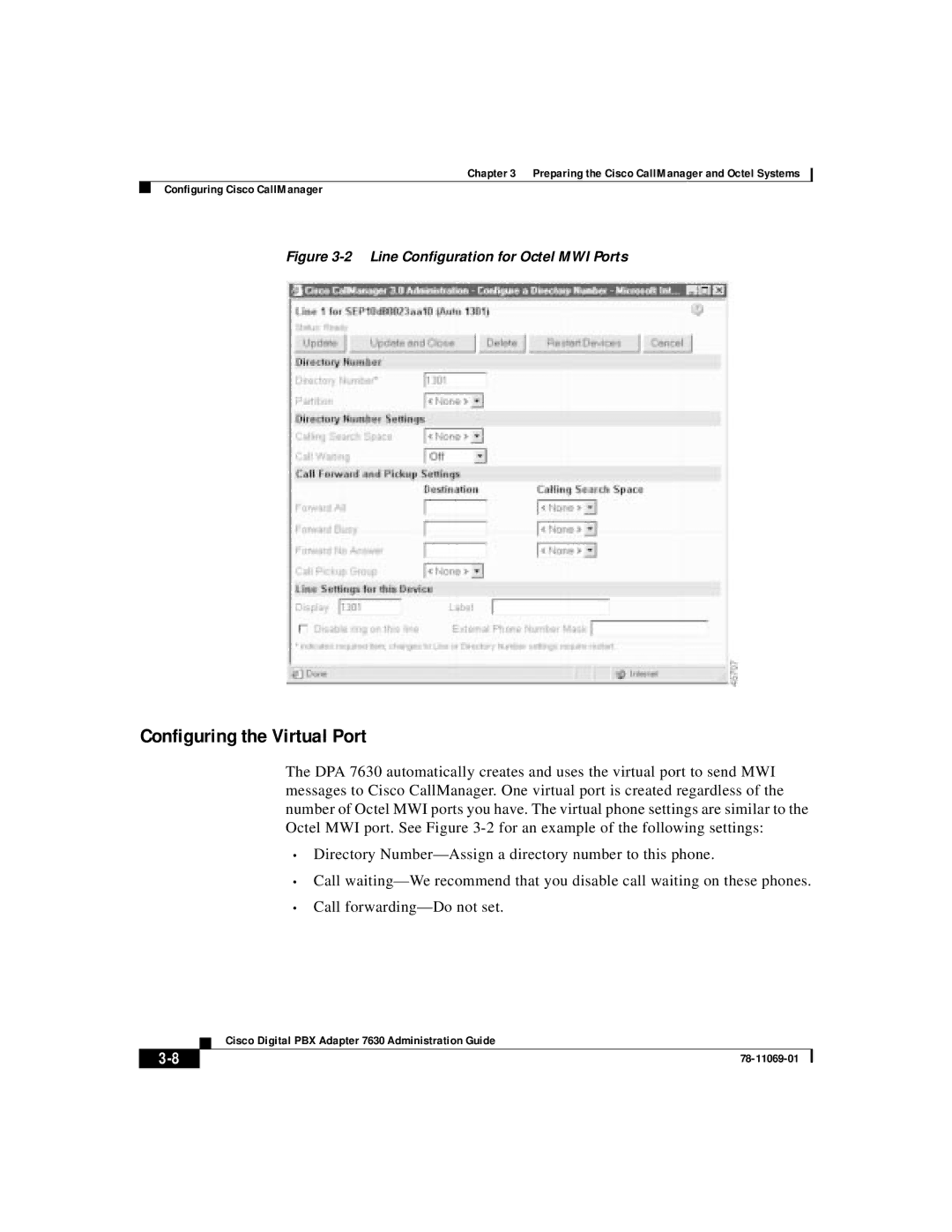 3Com 78-11069-01 manual Configuring the Virtual Port, Line Conﬁguration for Octel MWI Ports 