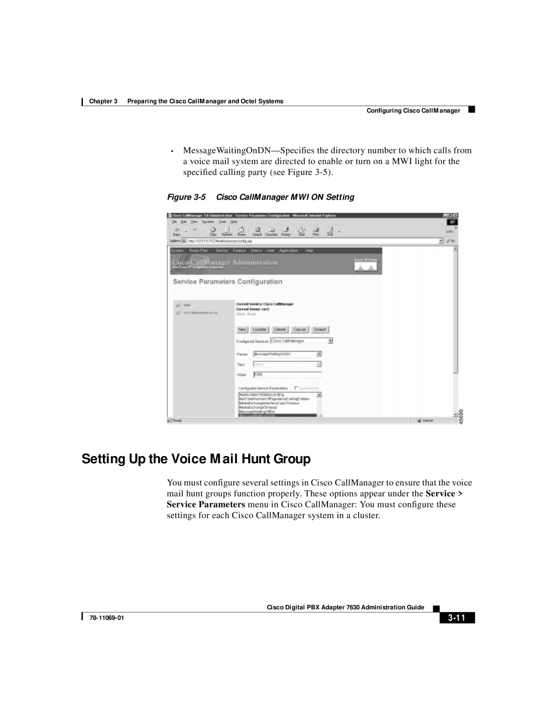 3Com 78-11069-01 manual Setting Up the Voice Mail Hunt Group, 3-11, 5 Cisco CallManager MWI ON Setting 