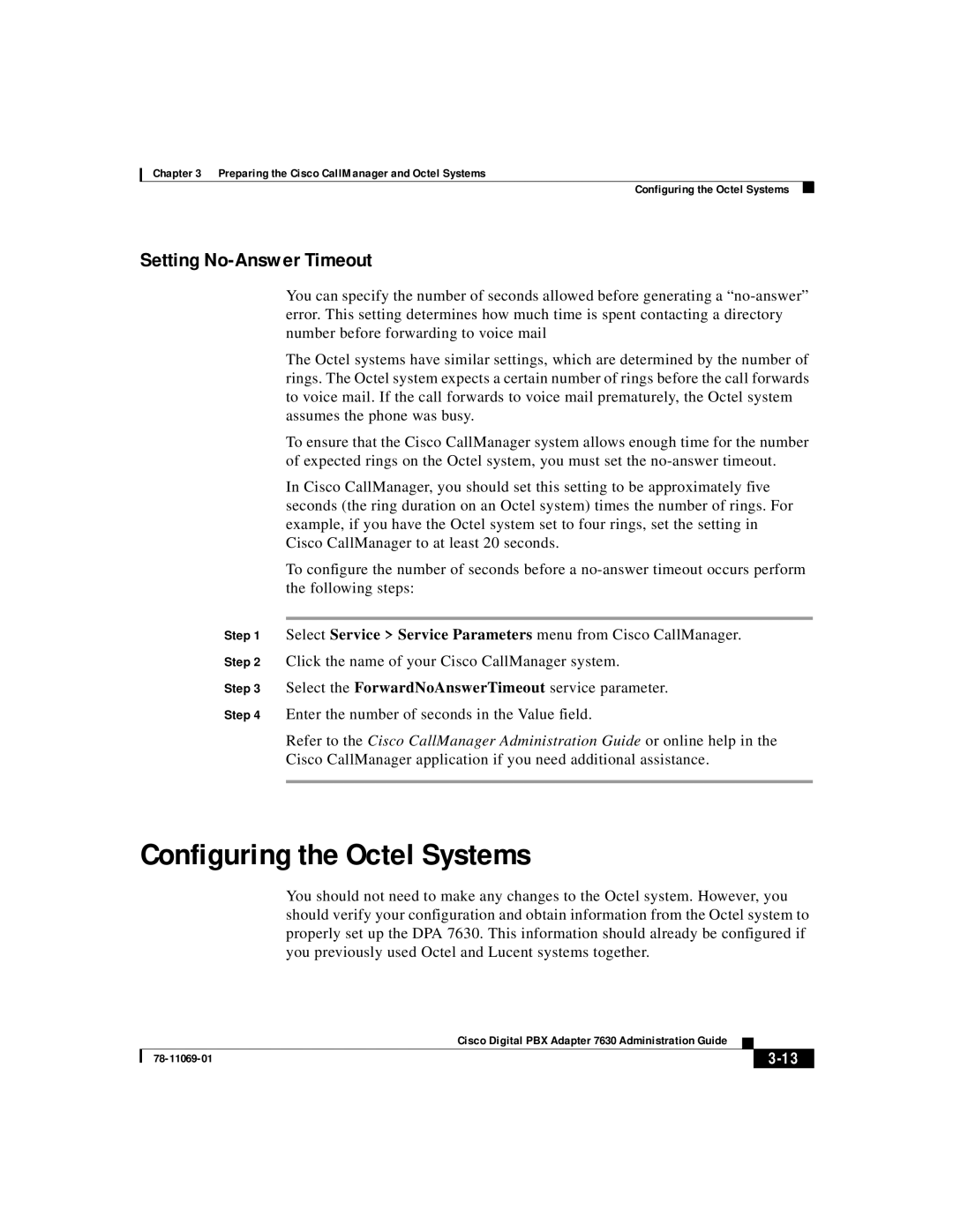 3Com 78-11069-01 manual Configuring the Octel Systems, Setting No-Answer Timeout, 3-13 
