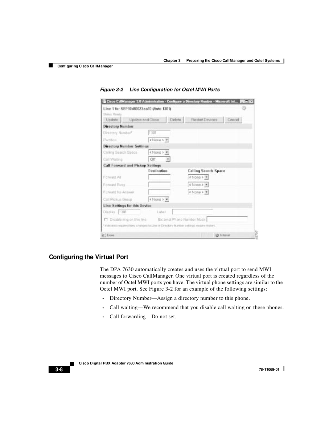 3Com 78-11069-01 manual Configuring the Virtual Port, 2 Line Conﬁguration for Octel MWI Ports 