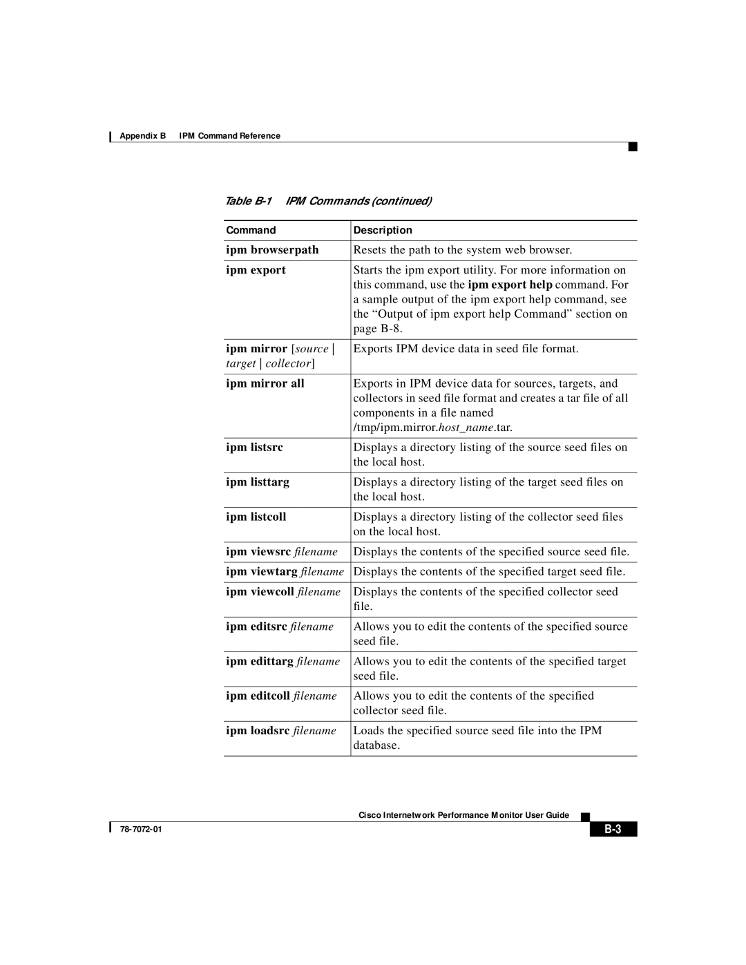 3Com 78-7072-01 Ipm browserpath, Ipm export, Ipm mirror source, Ipm mirror all, Ipm listsrc, Ipm listtarg, Ipm listcoll 