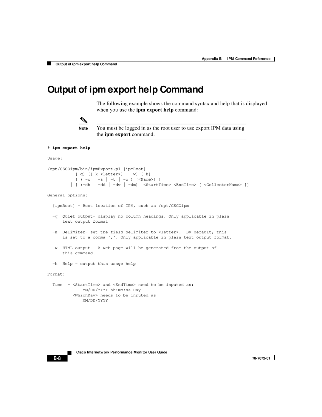 3Com 78-7072-01 appendix Output of ipm export help Command, # ipm export help 