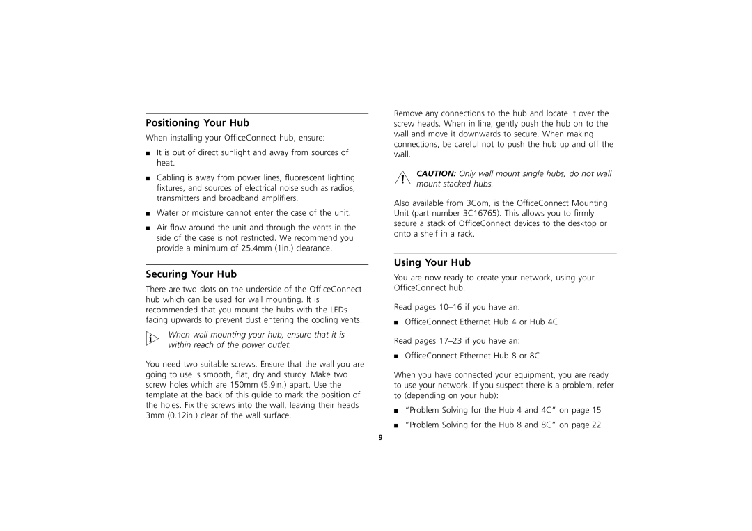 3Com 8 manual Positioning Your Hub, Securing Your Hub, Using Your Hub 