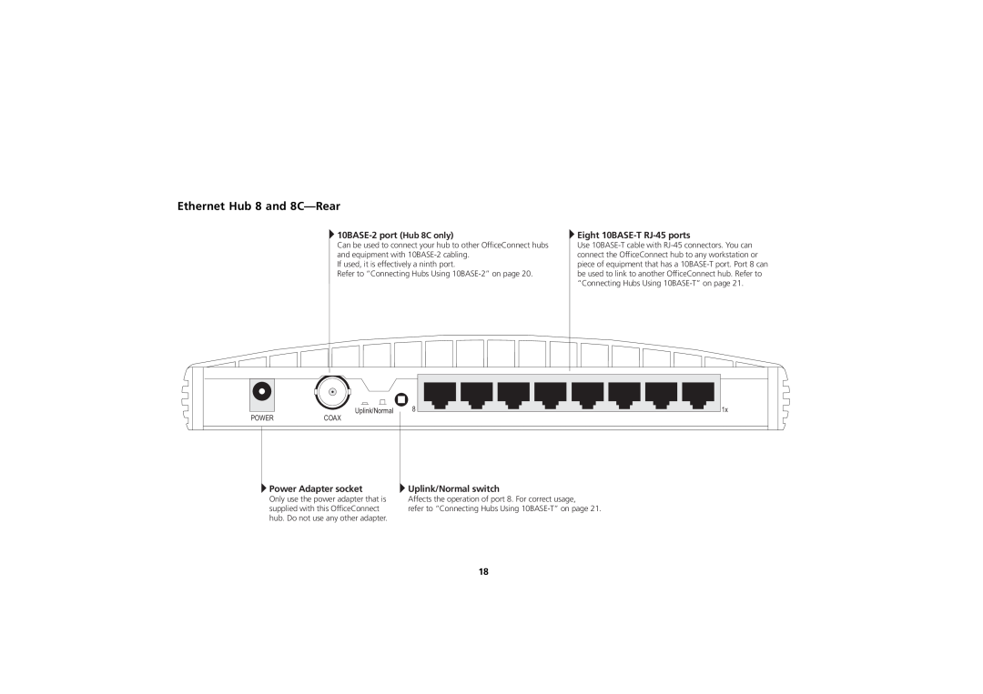 3Com manual Ethernet Hub 8 and 8C-Rear, 10BASE-2 port Hub 8C only, Power Adapter socket, Uplink/Normal switch 