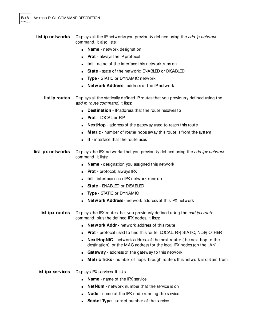 3Com 812 manual 18APPENDIX B CLI Command Description 