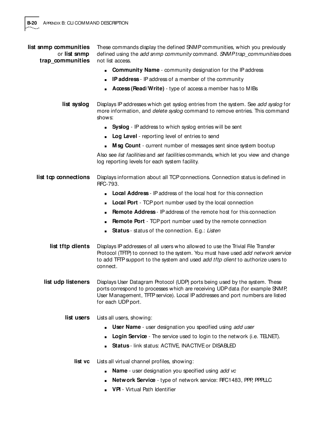 3Com 812 manual Or list snmp, Trapcommunities, List syslog, List tcp connections, List udp listeners 