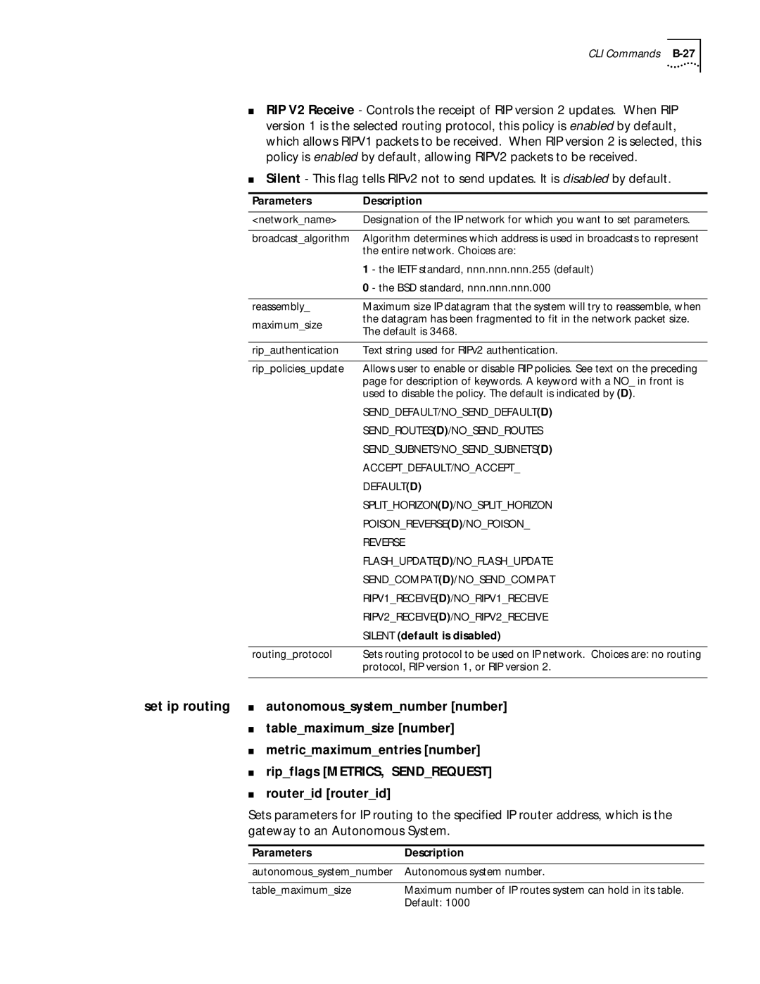 3Com 812 manual Senddefault/Nosenddefault D, Sendroutes D/NOSENDROUTES, Sendsubnets/Nosendsubnets D, Acceptdefault/Noaccept 