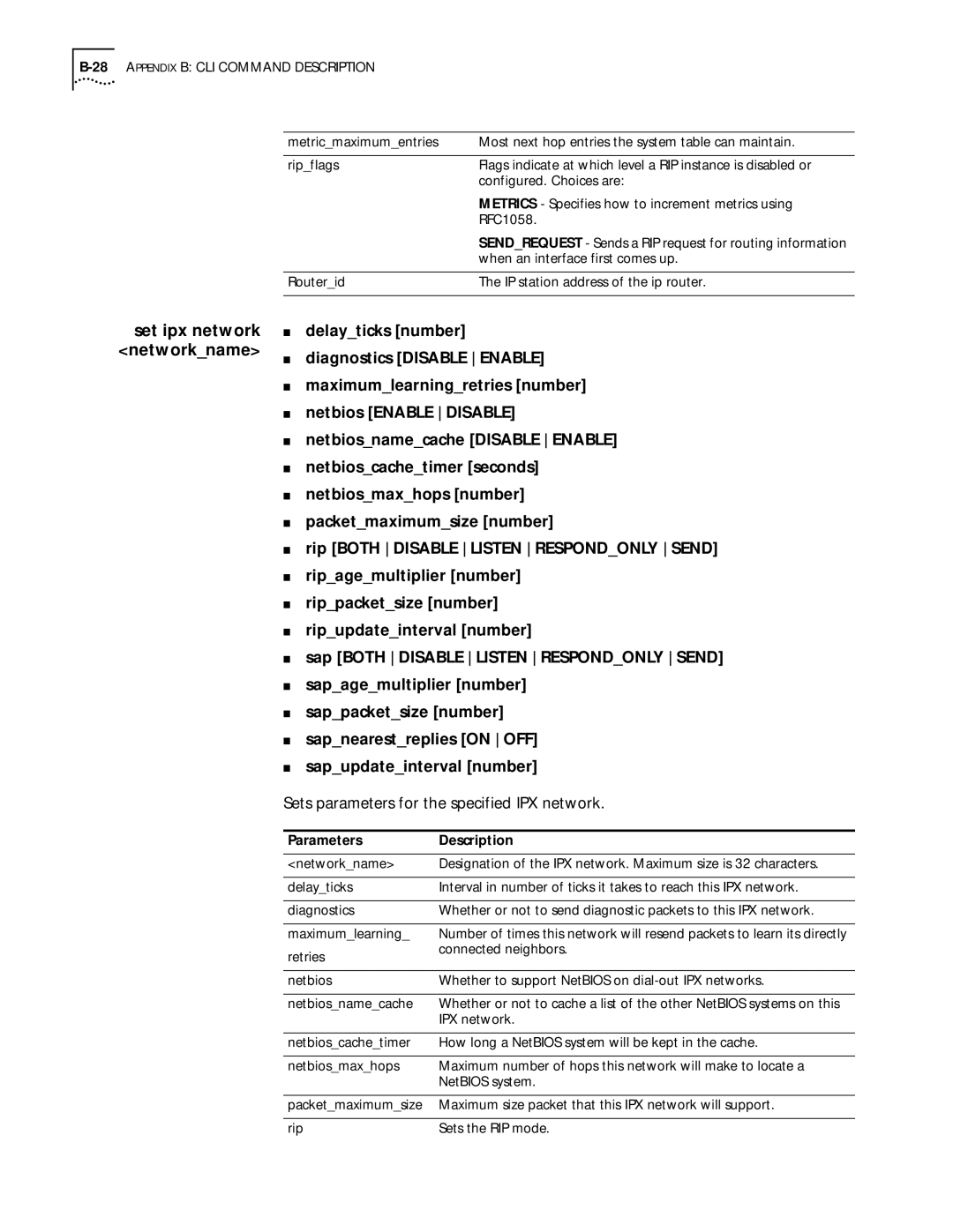 3Com 812 manual Sets parameters for the specified IPX network, 28APPENDIX B CLI Command Description 