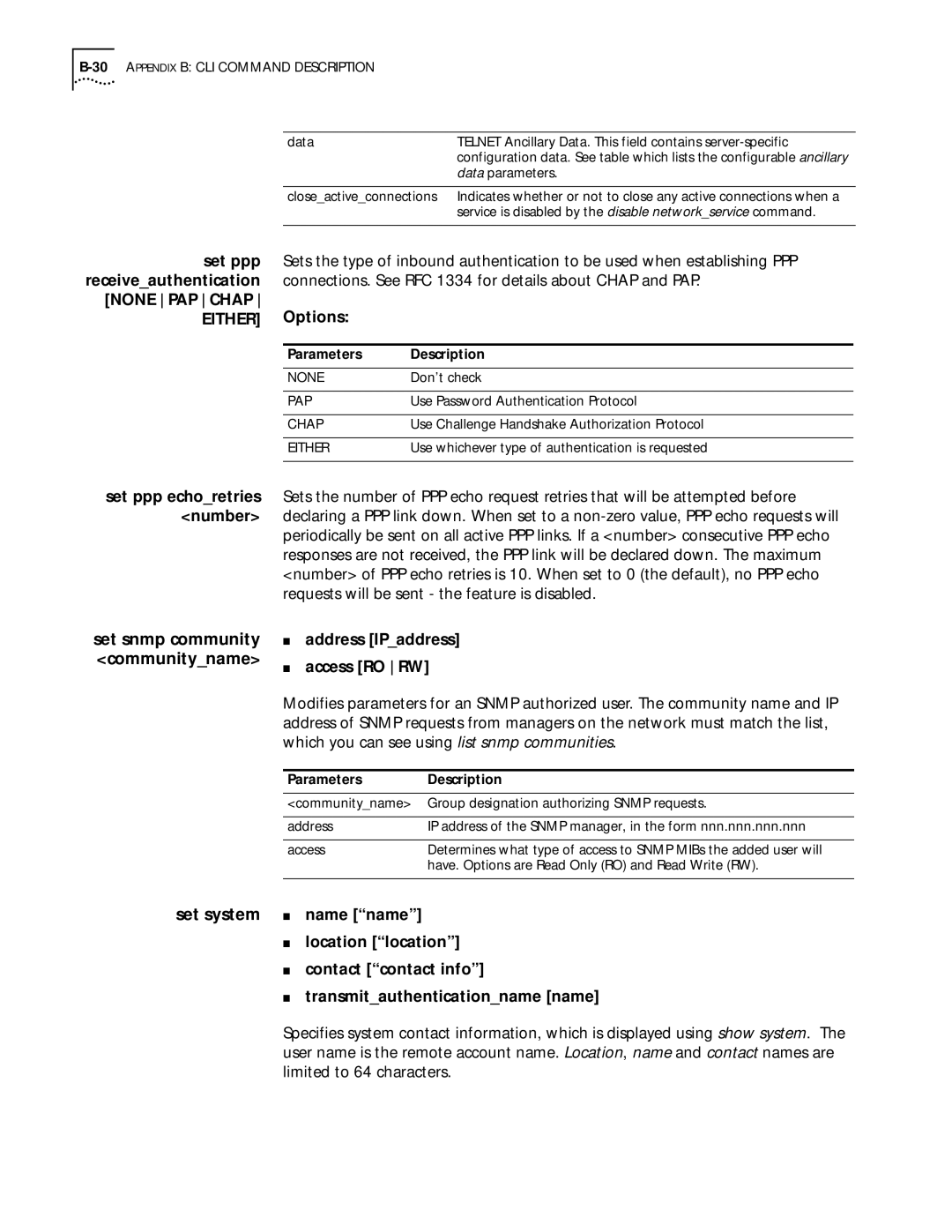 3Com 812 manual Options, Set system Name name Location location, Transmitauthenticationname name 