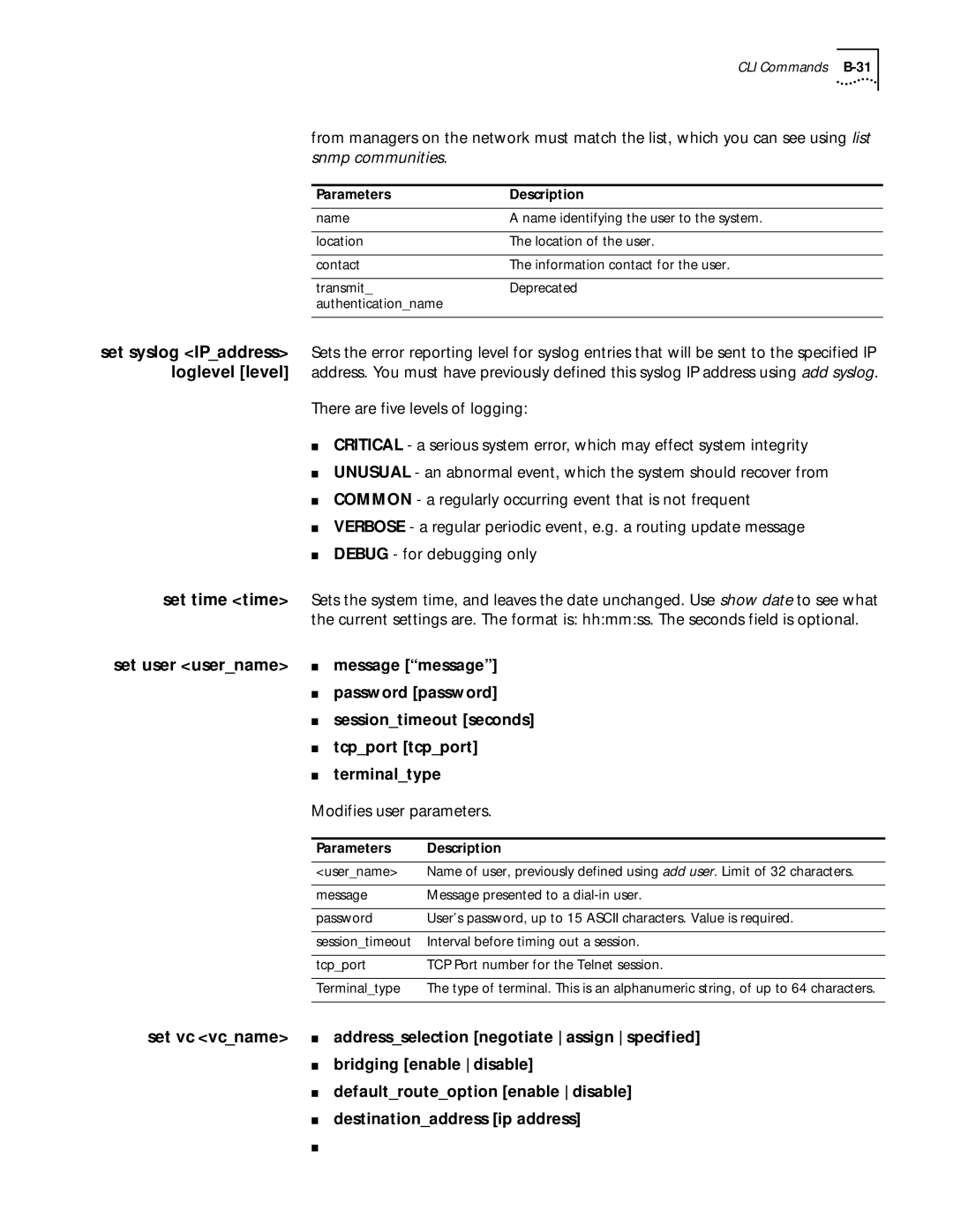 3Com 812 manual Set time time, Modifies user parameters 