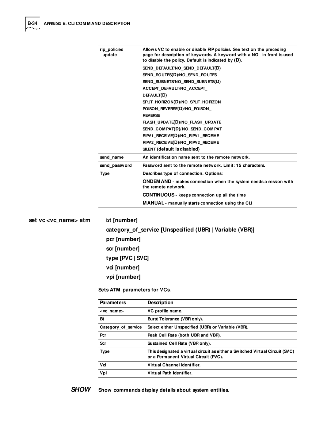 3Com 812 manual Sets ATM parameters for VCs, Show Show commands display details about system entities 