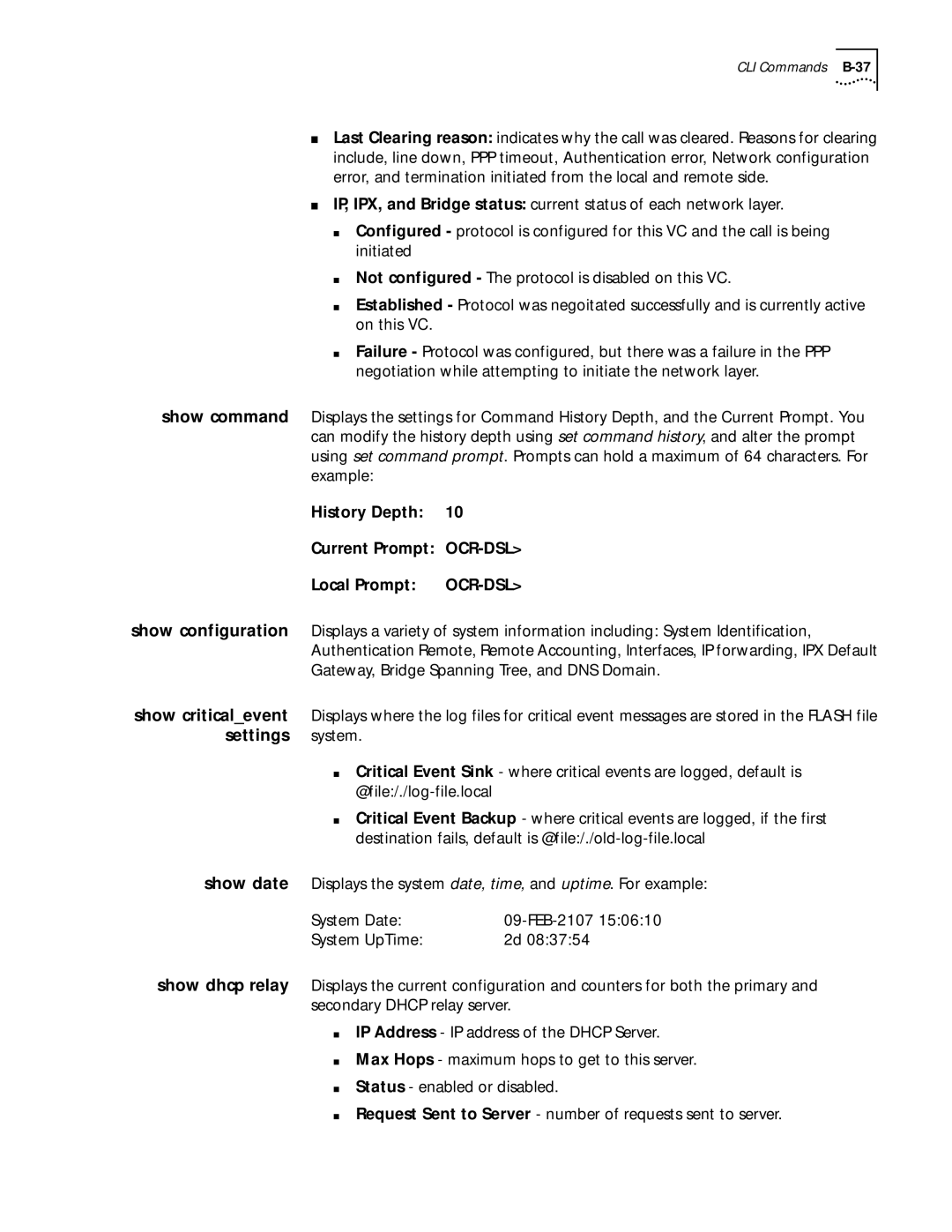 3Com 812 manual History Depth Current Prompt OCR-DSL Local Prompt OCR-DSL 