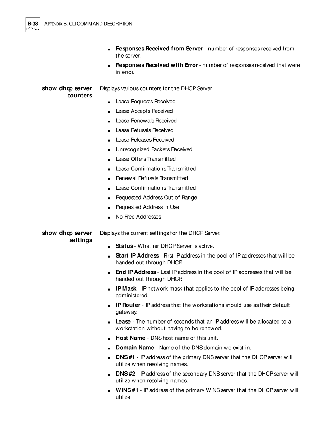 3Com 812 manual Counters, Settings, 38APPENDIX B CLI Command Description 