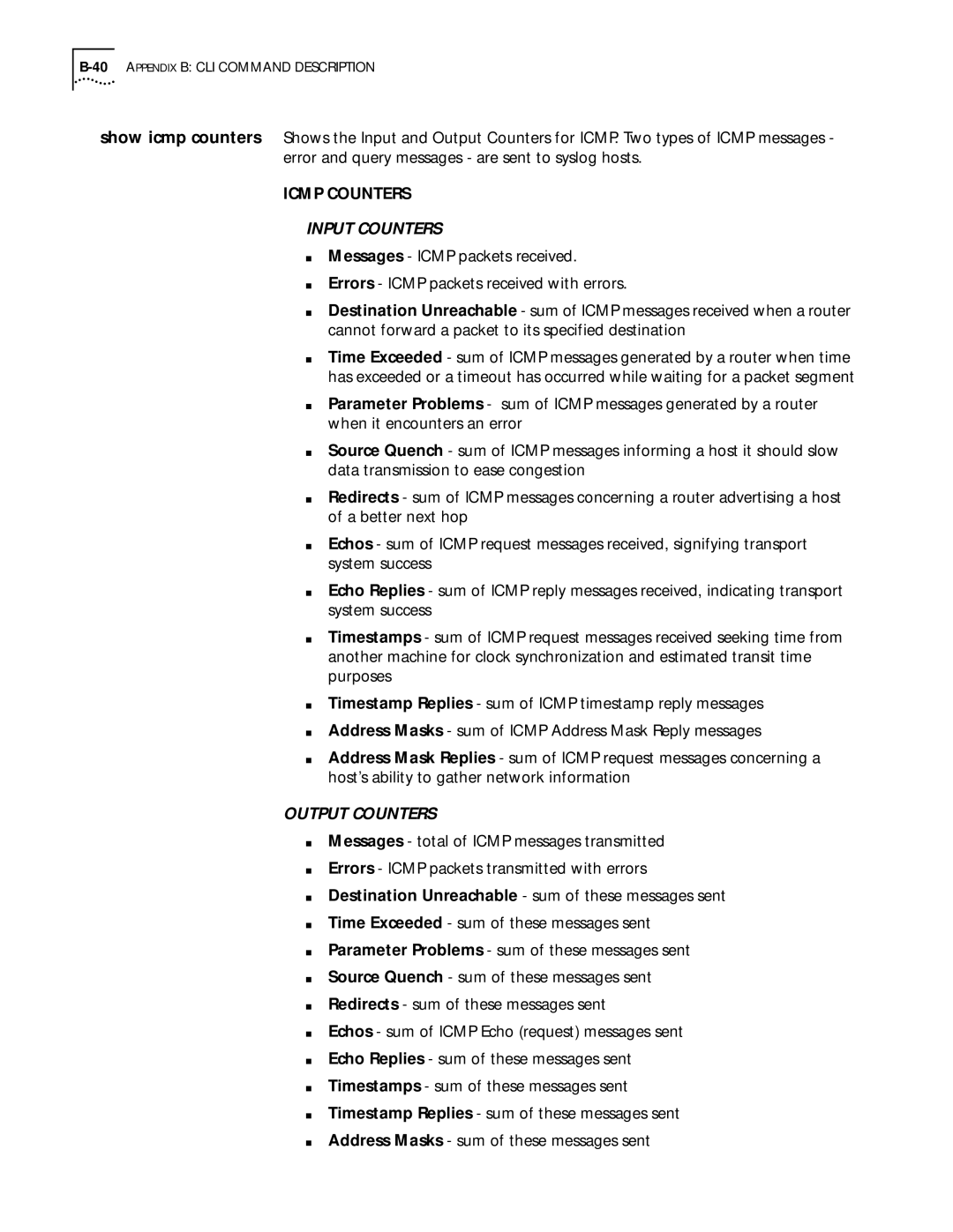 3Com 812 manual Input Counters, 40APPENDIX B CLI Command Description 