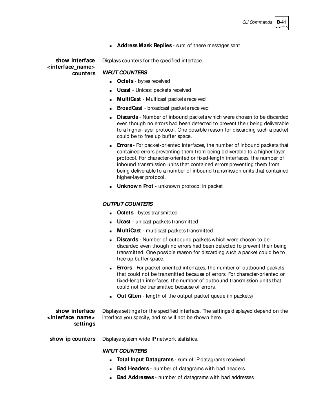 3Com 812 manual Counters Input Counters, Show ip counters Displays system wide IP network statistics 