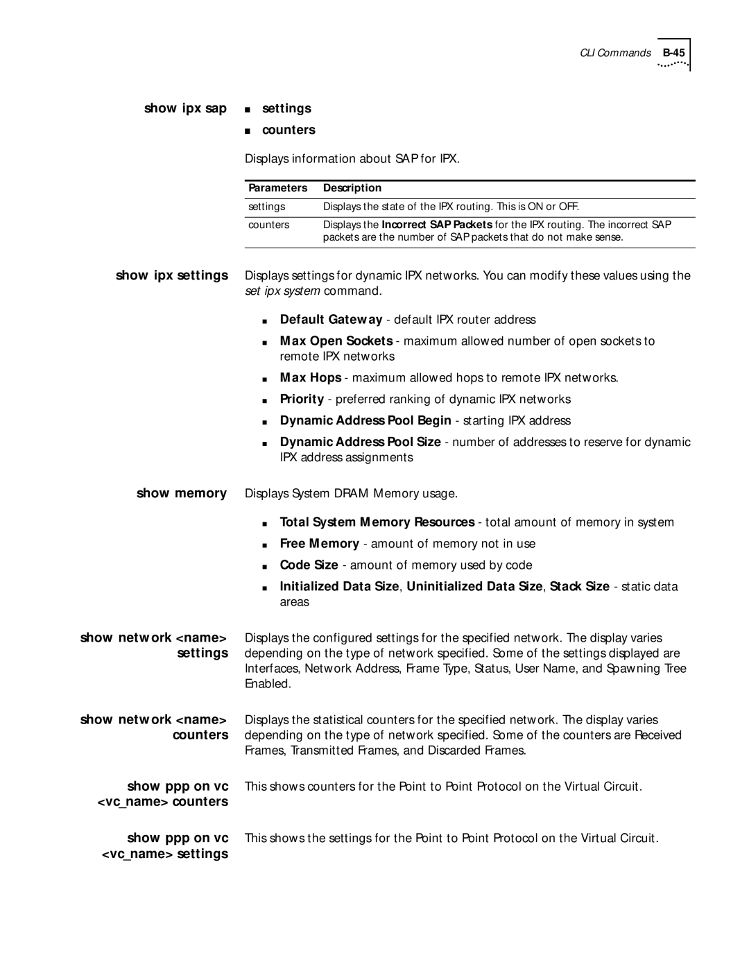 3Com 812 manual Show ipx sap, Displays information about SAP for IPX, Dynamic Address Pool Begin starting IPX address 