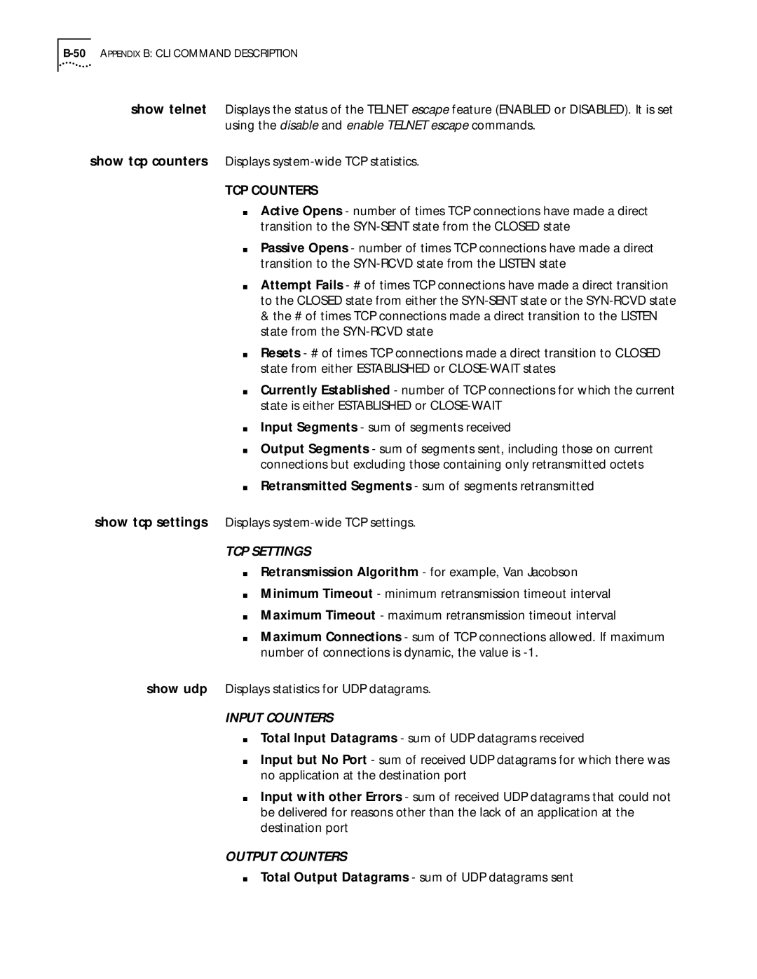 3Com 812 manual Total Output Datagrams sum of UDP datagrams sent, 50APPENDIX B CLI Command Description 