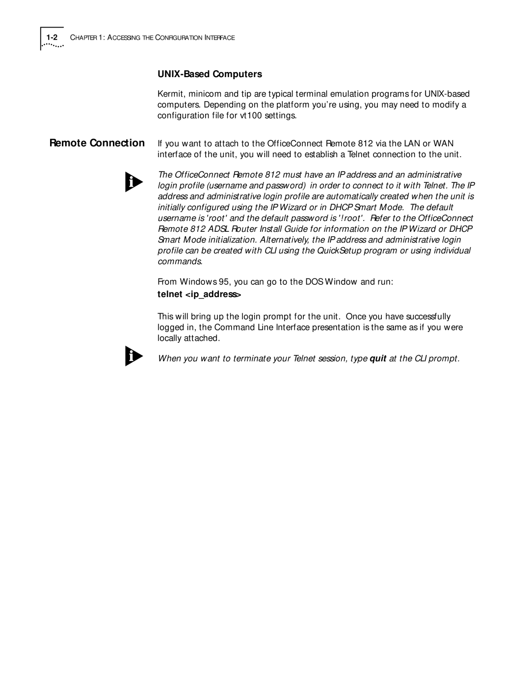 3Com 812 manual UNIX-Based Computers, From Windows 95, you can go to the DOS Window and run, Telnet ipaddress 