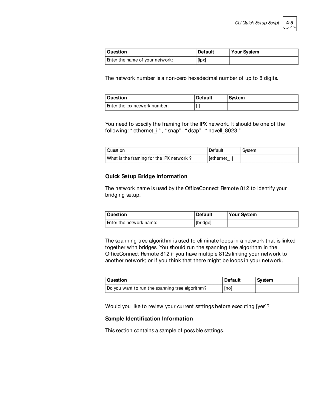 3Com 812 manual Quick Setup Bridge Information, Sample Identification Information 