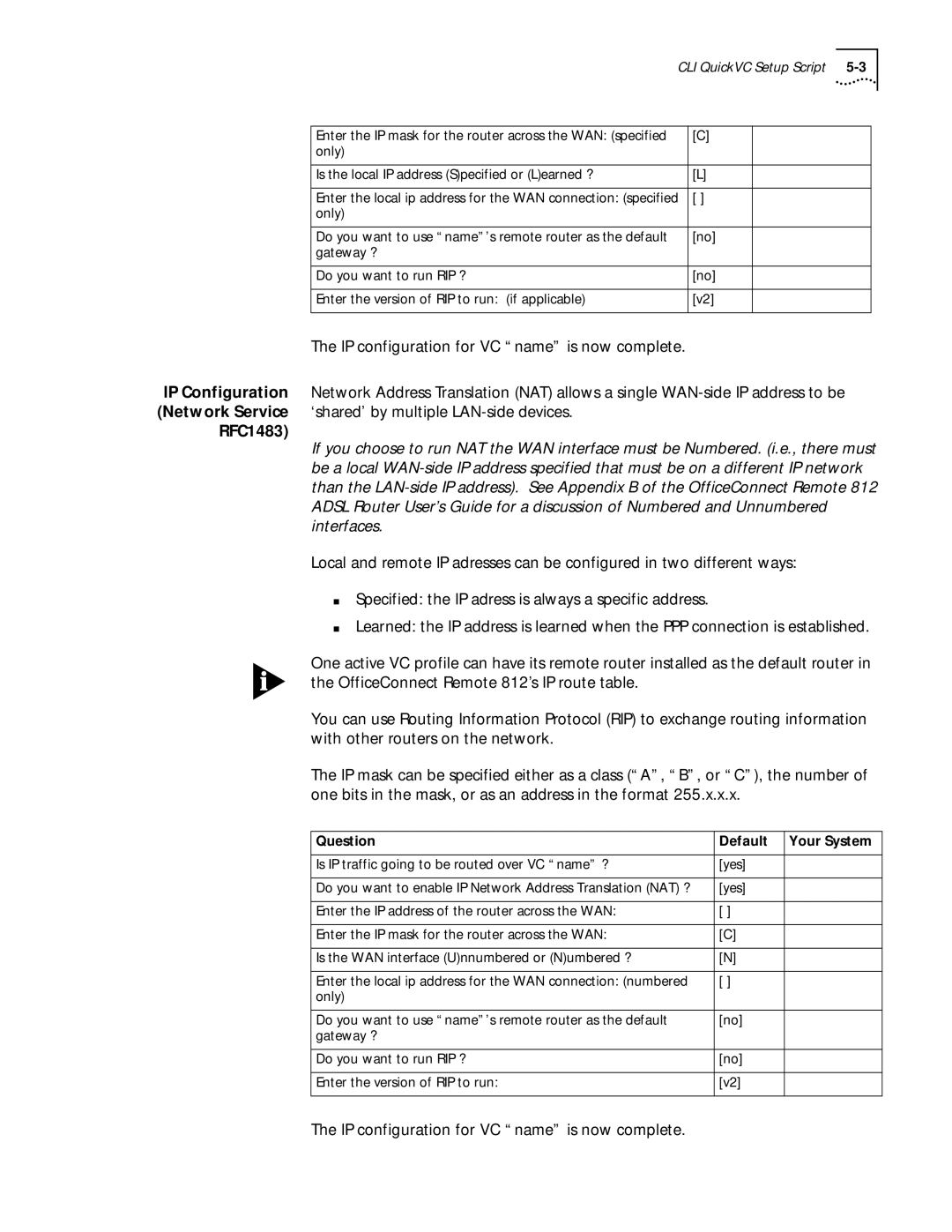 3Com 812 manual RFC1483, IP configuration for VC name is now complete 