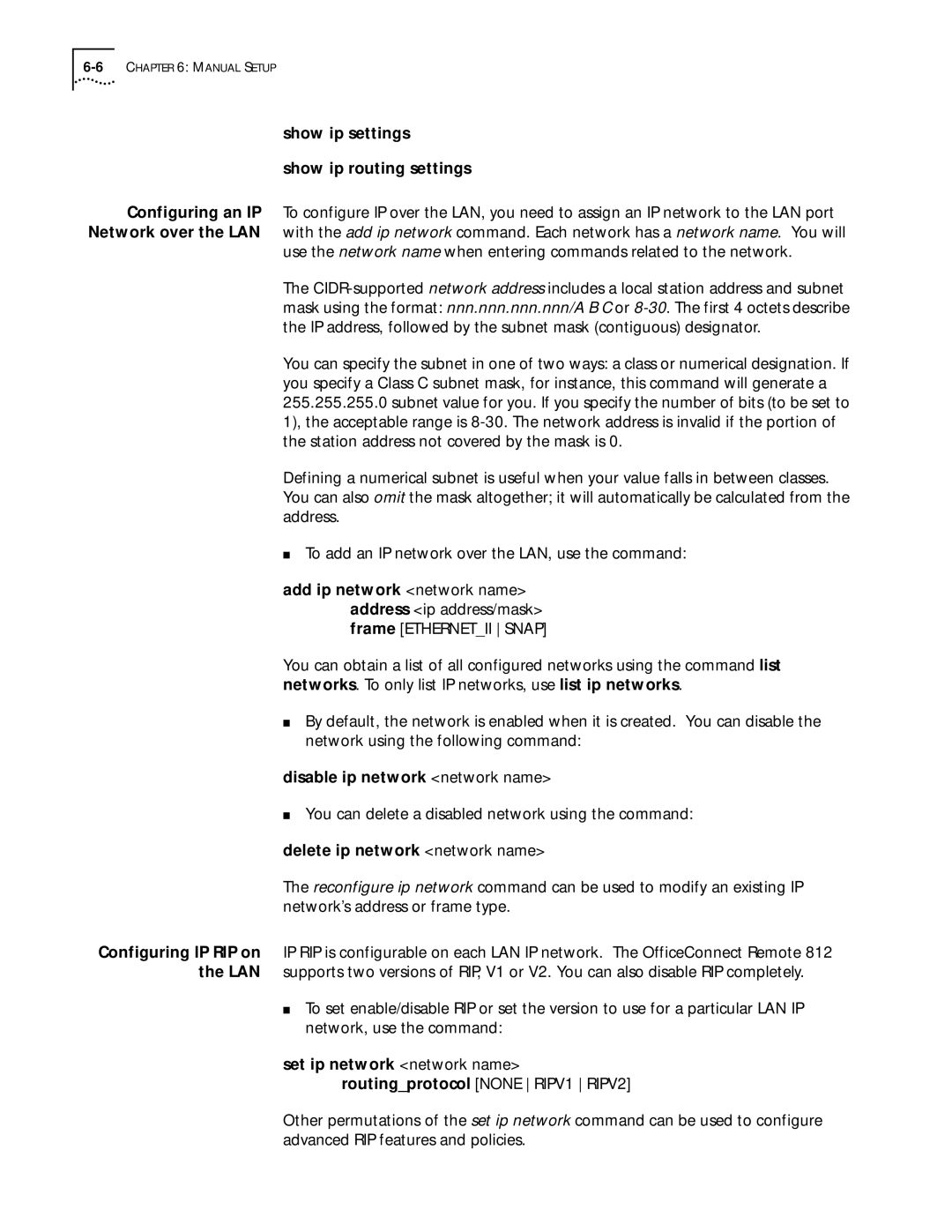 3Com 812 manual Show ip settings Show ip routing settings, Delete ip network network name 