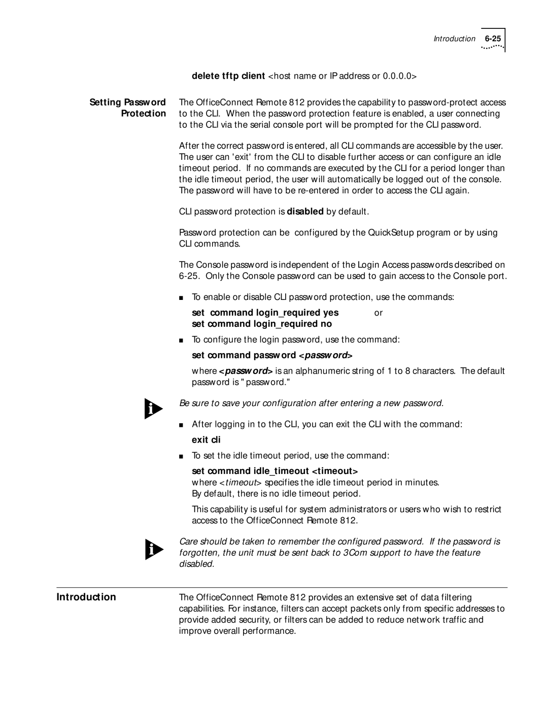 3Com 812 manual Set command loginrequired yes Set command loginrequired no, Exit cli, Set command idletimeout timeout 